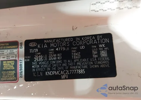 2020 Kia Sportage Lx z USA, uszkodzony, nr VIN KNDPMCAC2L7777885